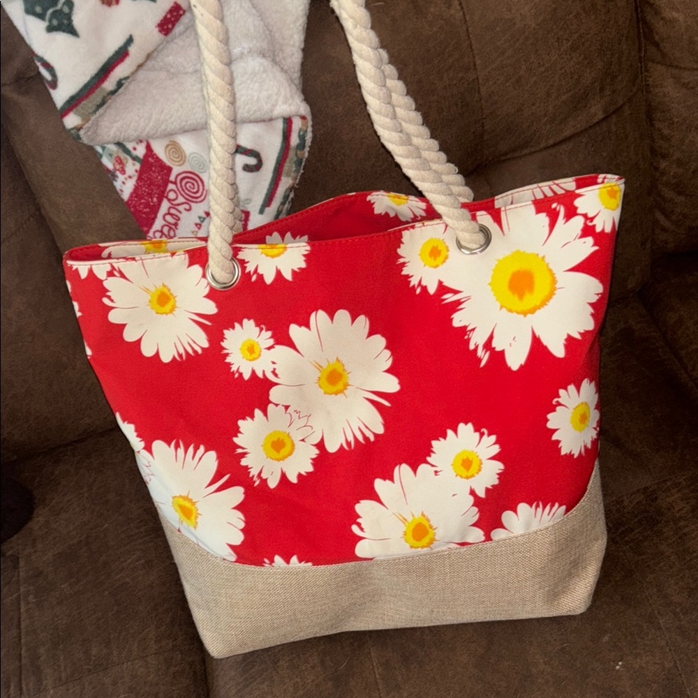 Floral Red and Cream Tote Bag
